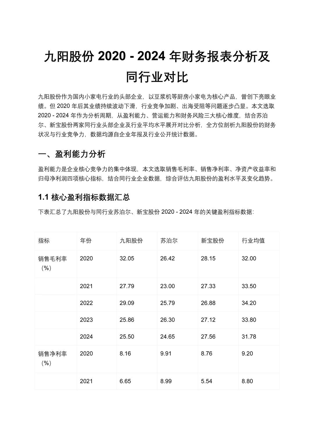 财务分析报表——以九阳股份为例