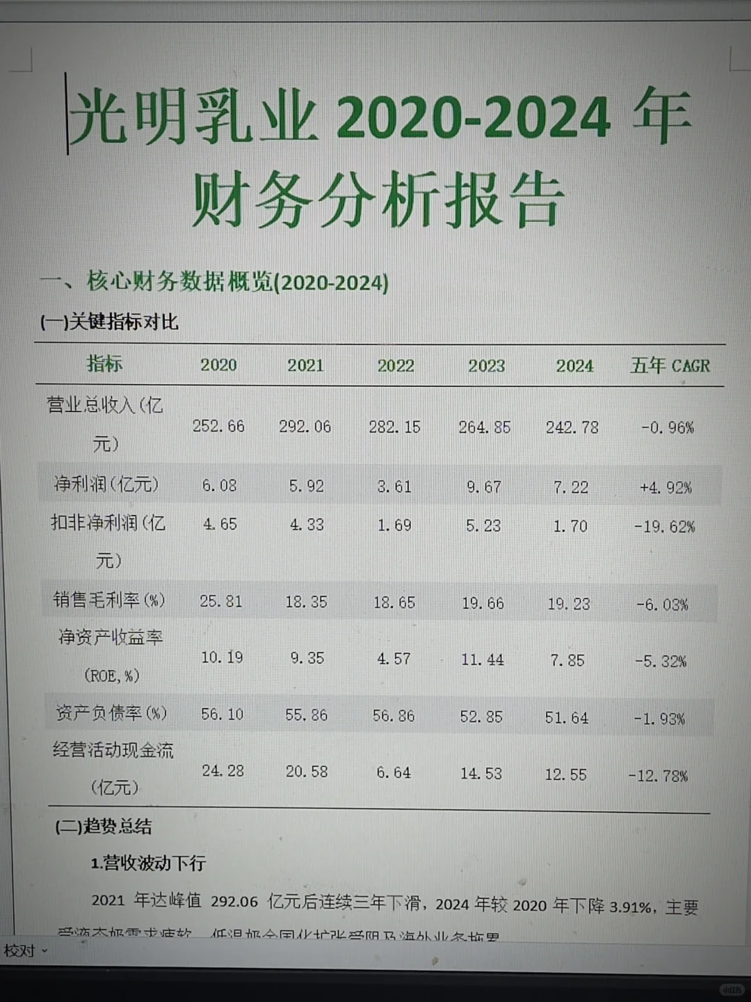 财务分析报告——以光明乳业为例