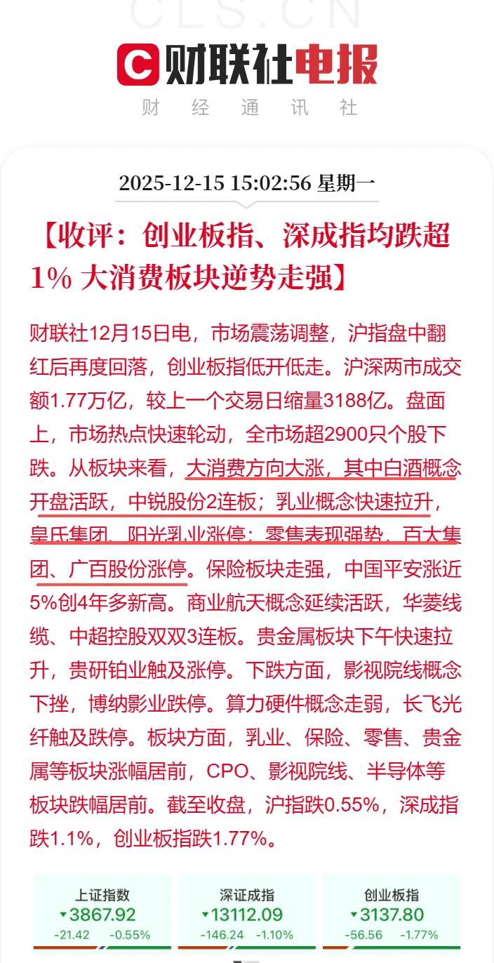 12.15收评：市场震荡调整 大消费逆势走强