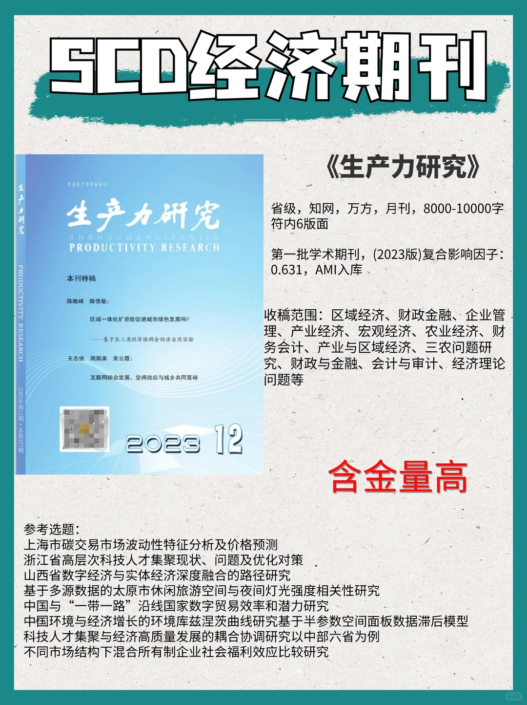 SCD经济期刊《生产力研究》超好发