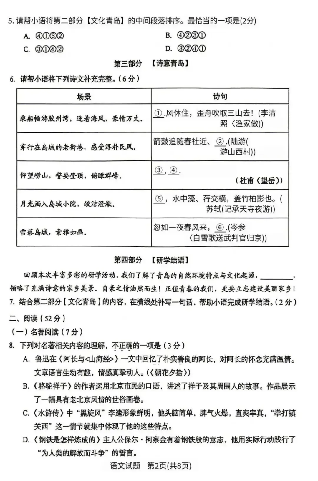 青岛初三收好!2026年中考语文真题,明年考点参考-第3张图片-四季读书网