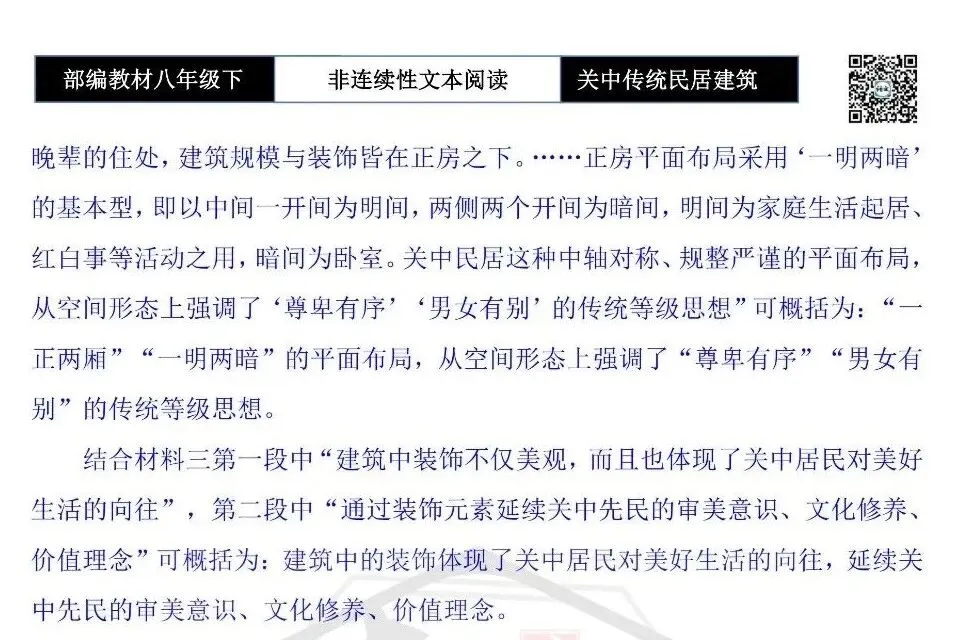 【非连续性文本阅读-真题演练】八年级上-03-陕西关中传统民居建筑-试题精析-第9张图片-四季读书网