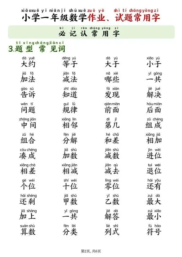 26年秋一年级上册数学作业试卷试题常用字(必备含拼音版),可打印-第3张图片-四季读书网 26年秋一年级上册数学作业试卷试题常用字(必备含拼音版),可打印-第3张图片-四季读书网