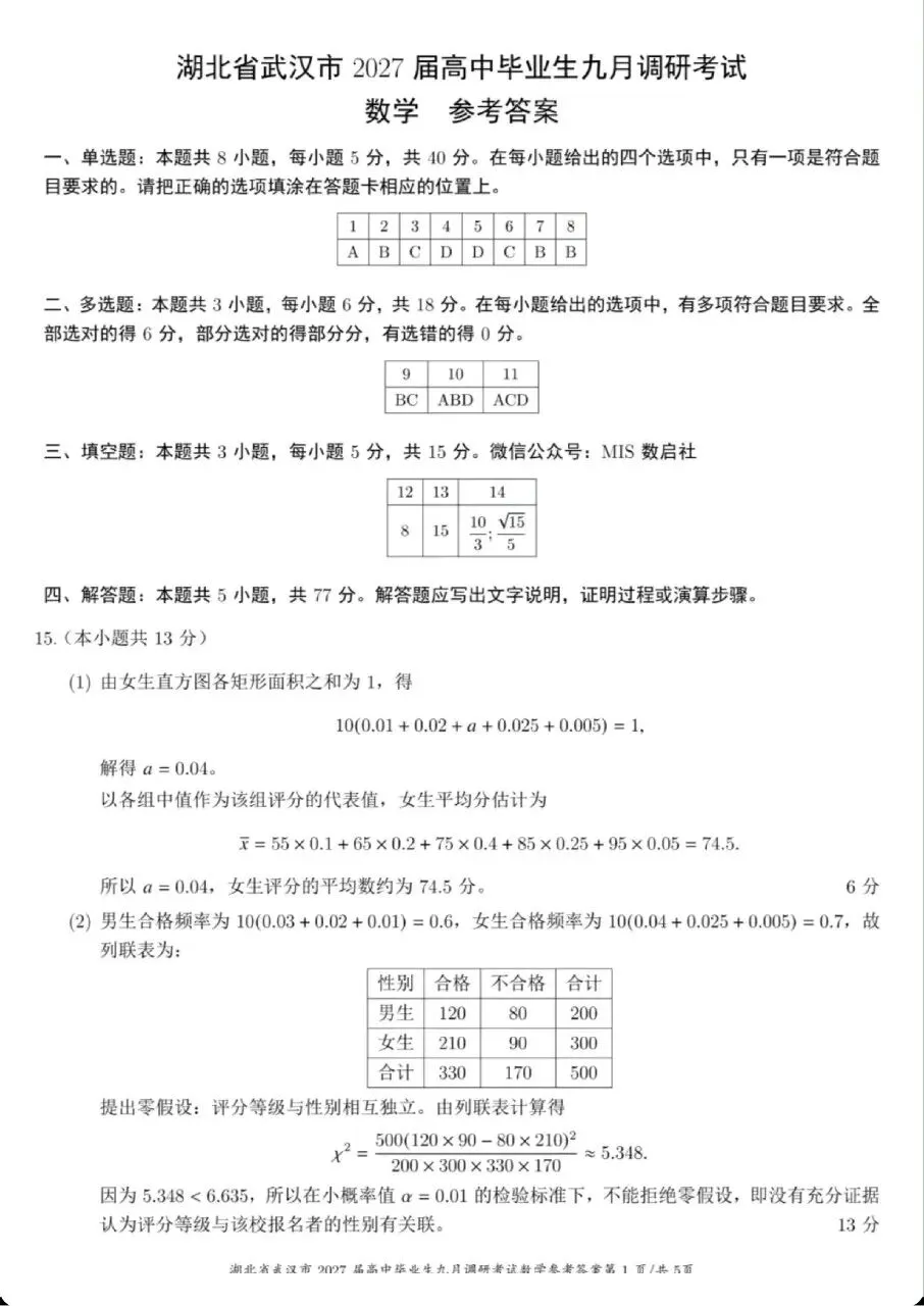 2027届武汉九月调研考试数学试卷及官方答案(提供试卷答案下载)-第5张图片-四季读书网