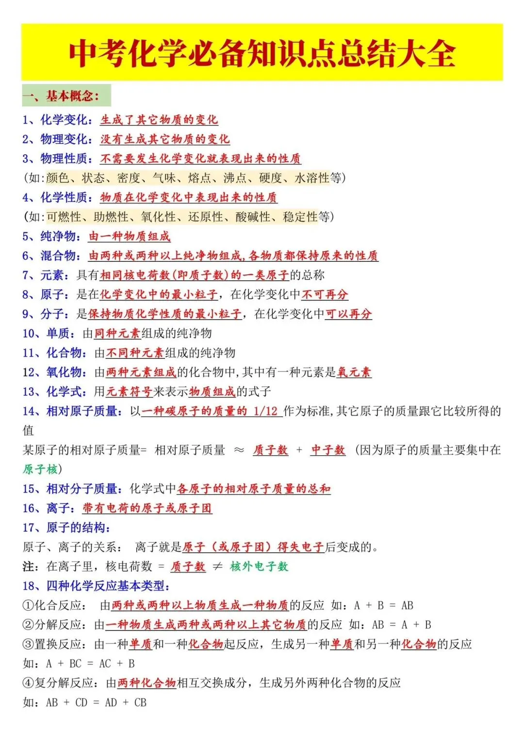 中考化学必备知识点总结大全(基本知识、概念加理论)-第1张图片-四季读书网