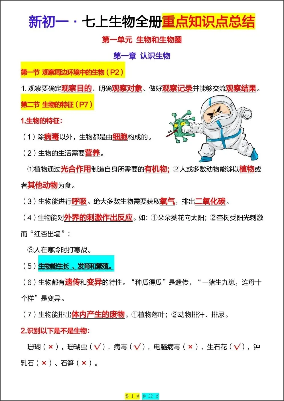 初一新版 2026【七上生物】全册重难考点知识点背诵总结,电子版可打印!-第1张图片-四季读书网 初一新版 2026【七上生物】全册重难考点知识点背诵总结,电子版可打印!-第1张图片-四季读书网