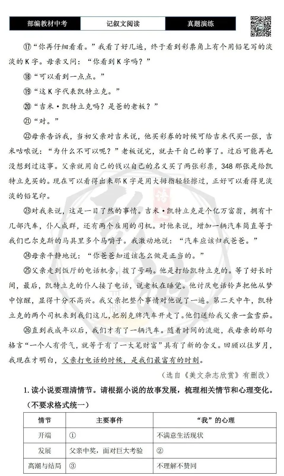 【中考现代文阅读-真题演练】35-中彩之夜-思维导图+试题精析-第7张图片-四季读书网