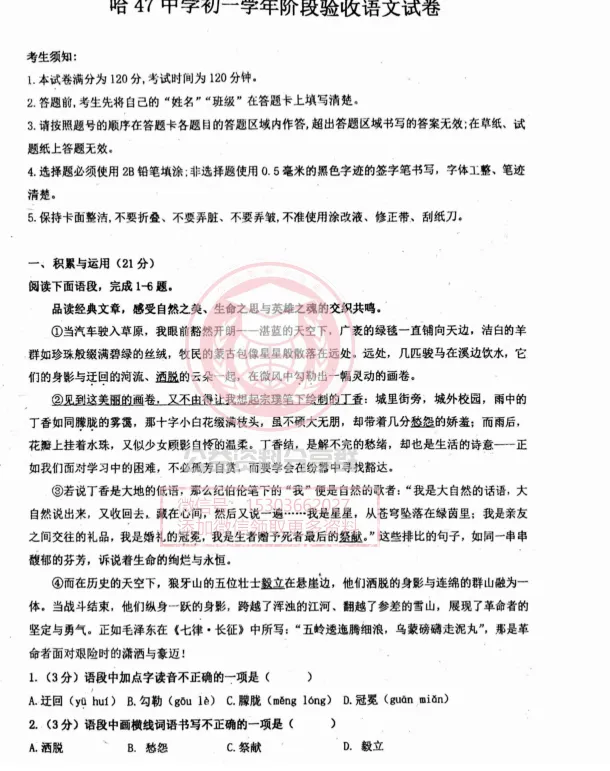 【初一/六上】2025年哈47六(上)语文九月月考试题及答案1010-第3张图片-四季读书网 【初一/六上】2025年哈47六(上)语文九月月考试题及答案1010-第3张图片-四季读书网
