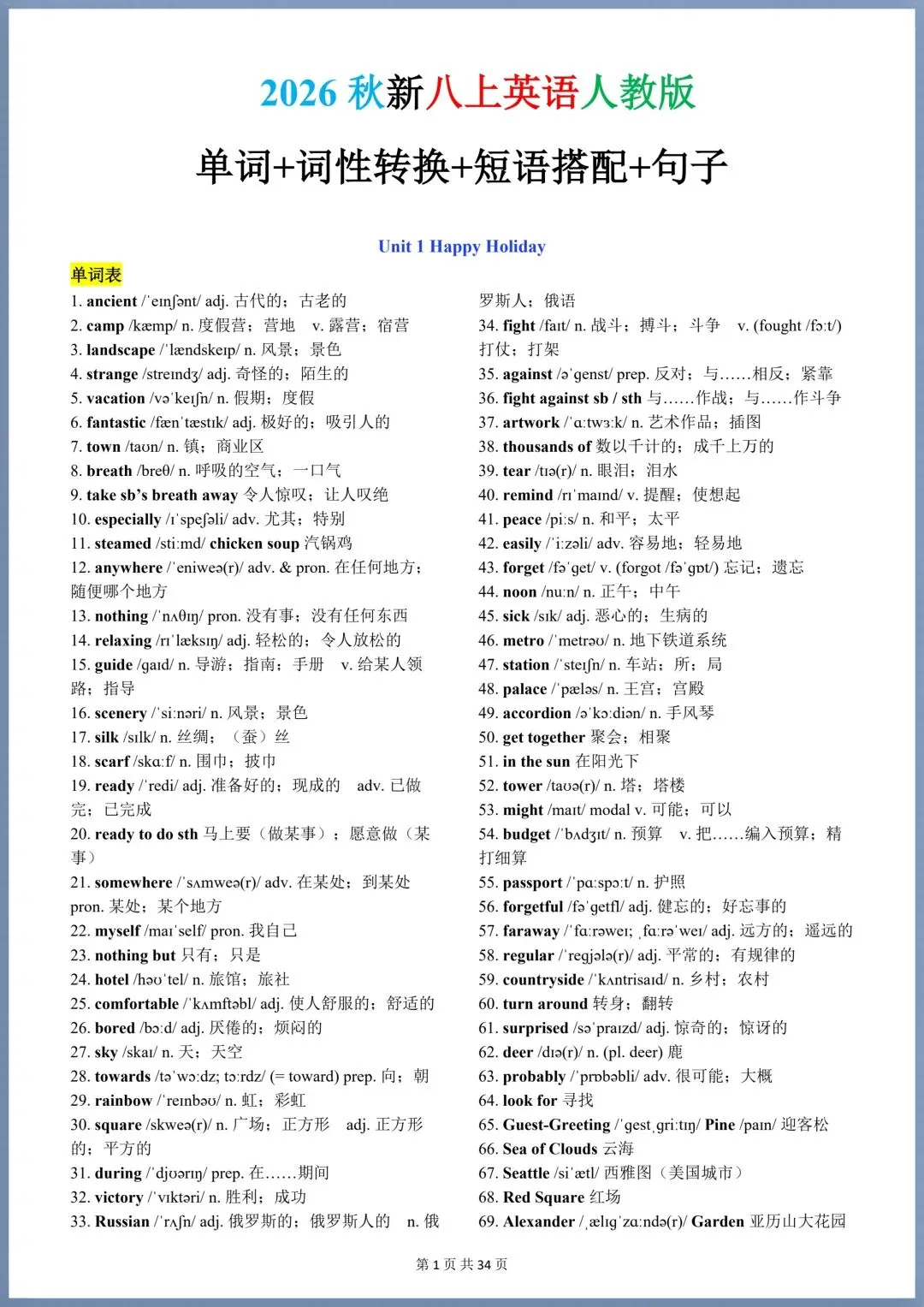 初二英语|2026 秋新八年级上册英语(人教版)单词+词性转换+短语搭配+句子(背诵版+默写版),电子版可打印!-第17张图片-四季读书网