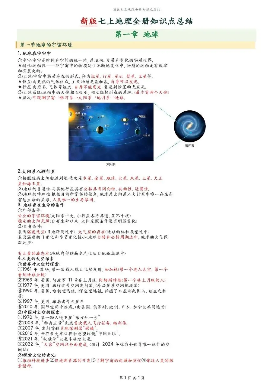 初一新版 2026【七上地理】全册知识点必背提纲,电子版可打印!-第1张图片-四季读书网 初一新版 2026【七上地理】全册知识点必背提纲,电子版可打印!-第1张图片-四季读书网