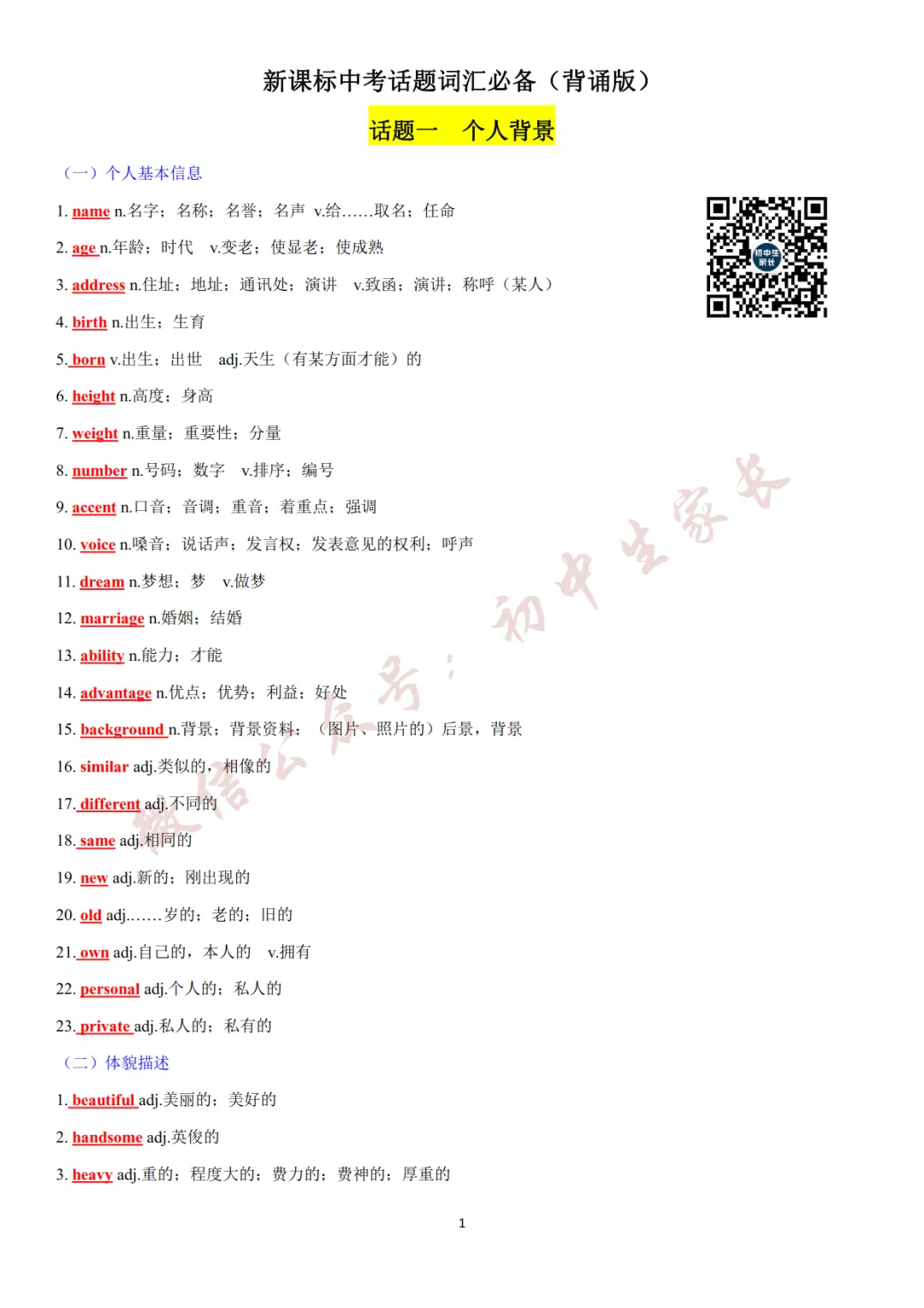 2027年中考英语热点话题词汇必背42页,替孩子转发一份!(可打印)-第2张图片-四季读书网