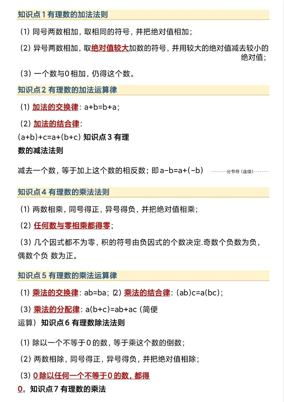 初一新版 2026【七上数学】全册重点知识点背诵总结,电子版可打印!-第3张图片-四季读书网