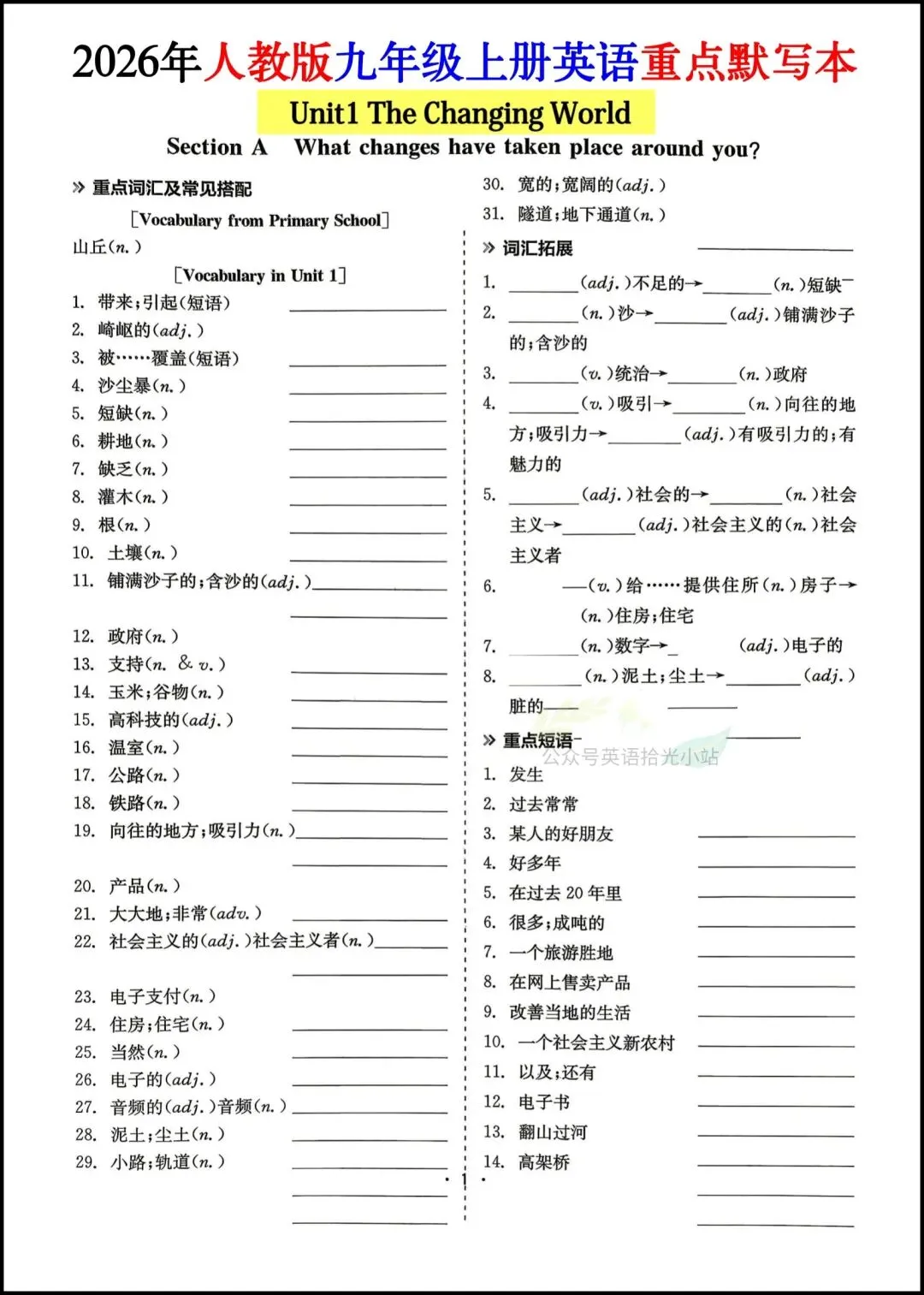 初三英语|2026年人教版九年级上册英语重点知识默写本+背诵版,可打印!-第2张图片-四季读书网
