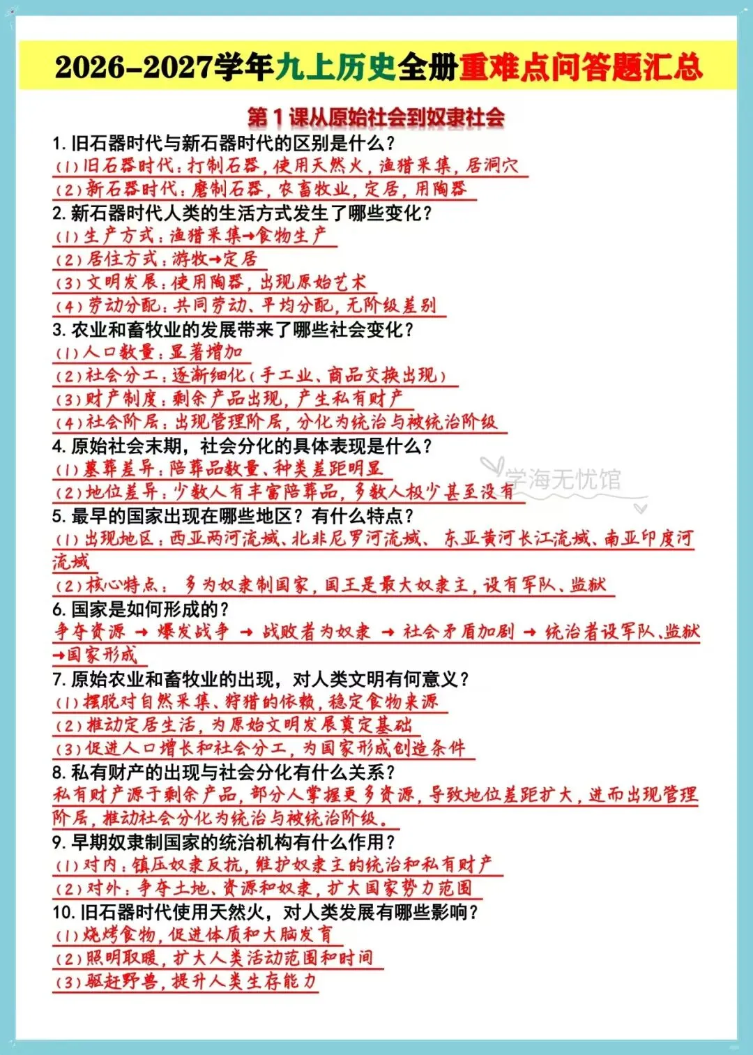 初三历史|2026秋新版九上历史全册重难点问答题汇总(背诵+练习版)-第3张图片-四季读书网