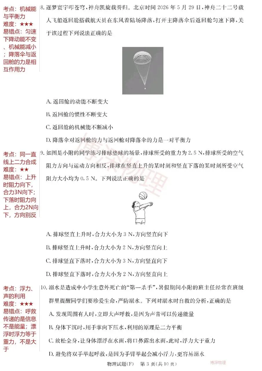 附中集团初三物理试卷,压轴题难得分-第3张图片-四季读书网