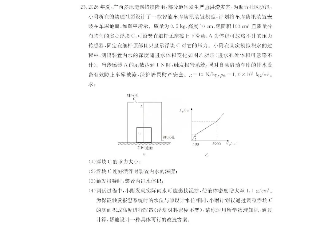 2026年长沙师大附中初三第一次月考物理真题+答案-第10张图片-四季读书网