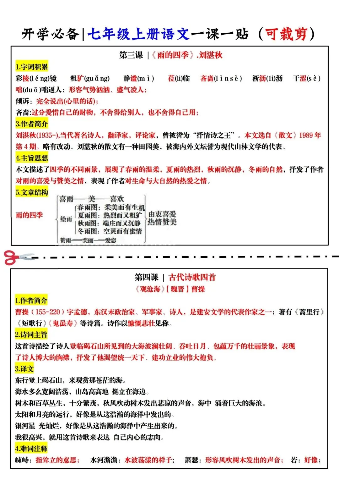 【初一资料】2026 新版七年级上册语文知识点一课一贴,完整电子版可打印使用!-第3张图片-四季读书网