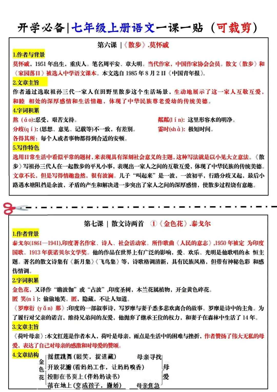 【初一资料】2026 新版七年级上册语文知识点一课一贴,完整电子版可打印使用!-第6张图片-四季读书网