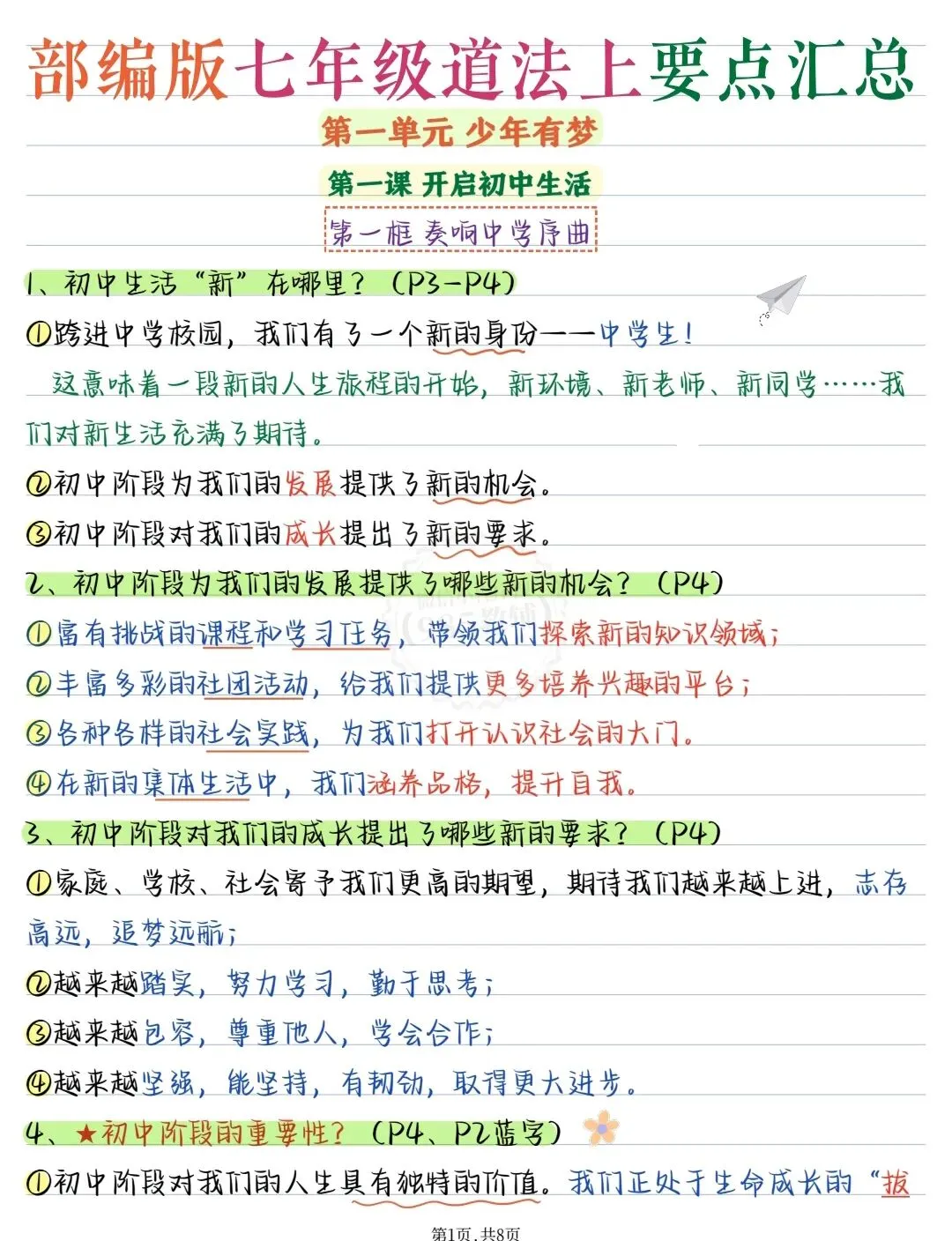 初一政治不用死记!第一单元核心考点手写整理-第1张图片-四季读书网