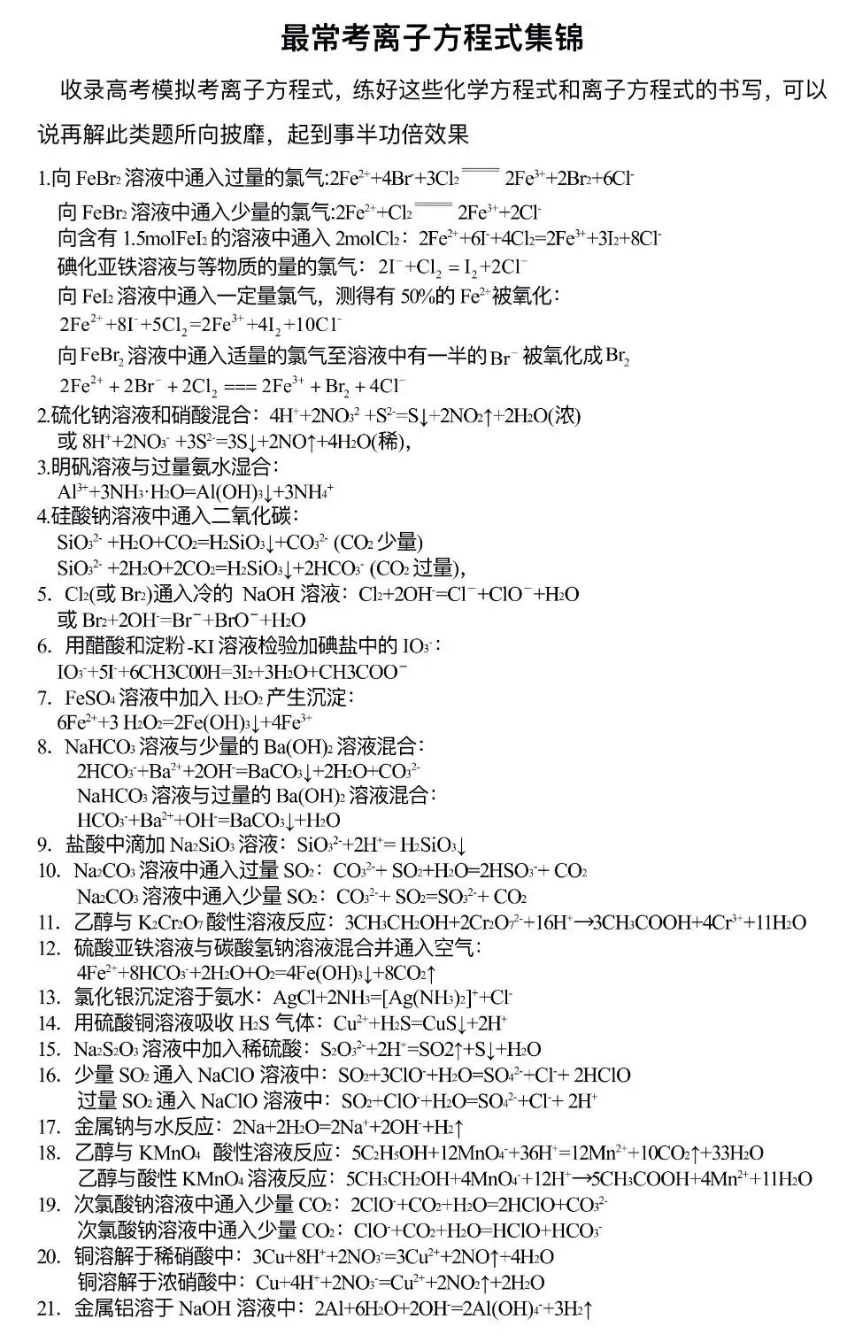 【高考化学】高考化学常考离子方程式汇总-第1张图片-四季读书网