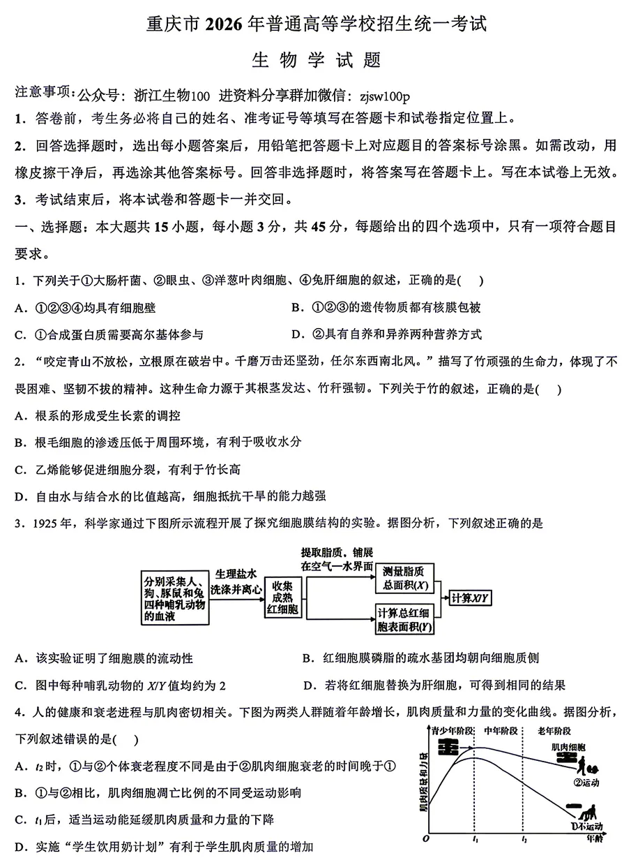 2026年6月重庆高考生物试卷和参考答案-第1张图片-四季读书网 2026年6月重庆高考生物试卷和参考答案-第1张图片-四季读书网