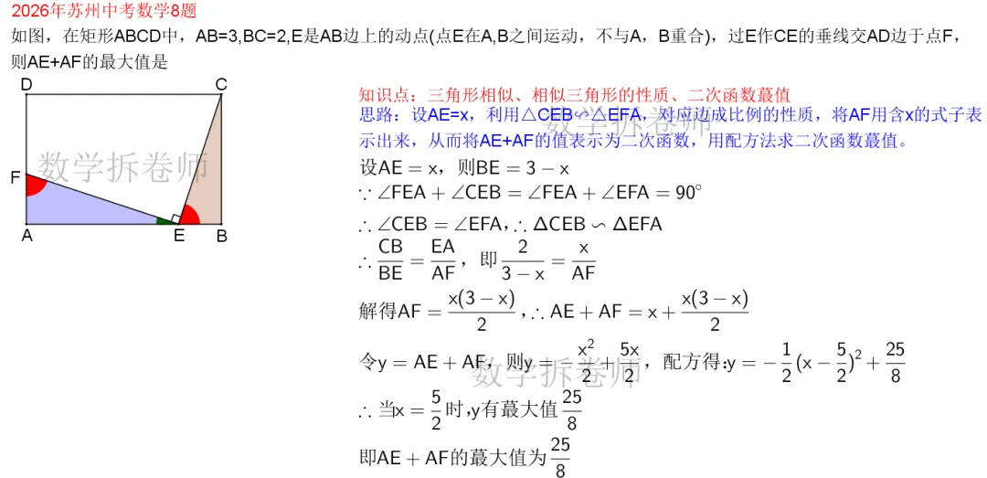 2026年苏州中考数学8题(利用二次函数求蕞值)动图演示-第2张图片-四季读书网
