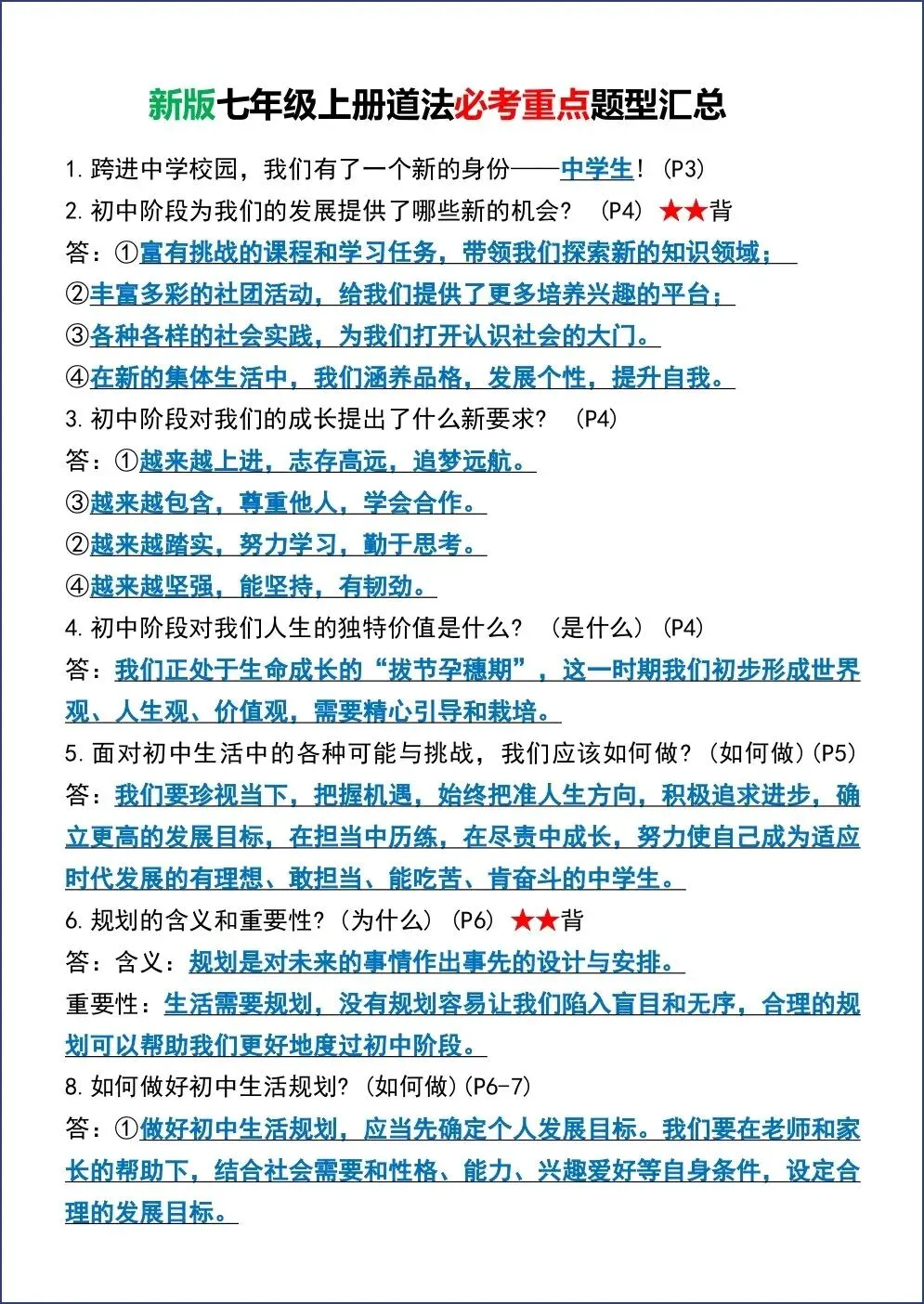 初一新版 2026【七上道法】必考重点题型归纳总结,电子版可打印!-第1张图片-四季读书网