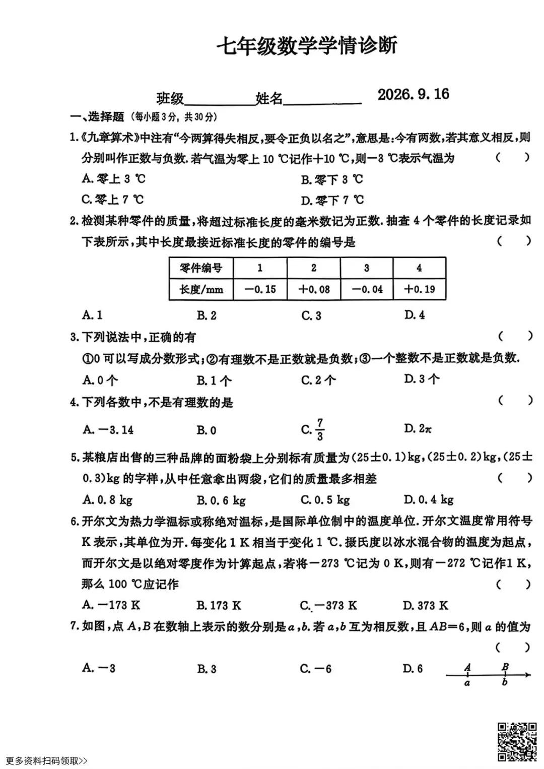 2026北京一零九中初一9月月考数学试卷(含答案)-第2张图片-四季读书网 2026北京一零九中初一9月月考数学试卷(含答案)-第2张图片-四季读书网