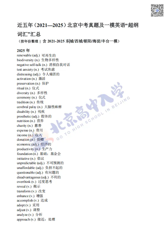 近年北京中考&模考英语超纲词汇总,你都会吗?-第3张图片-四季读书网 近年北京中考&模考英语超纲词汇总,你都会吗?-第3张图片-四季读书网