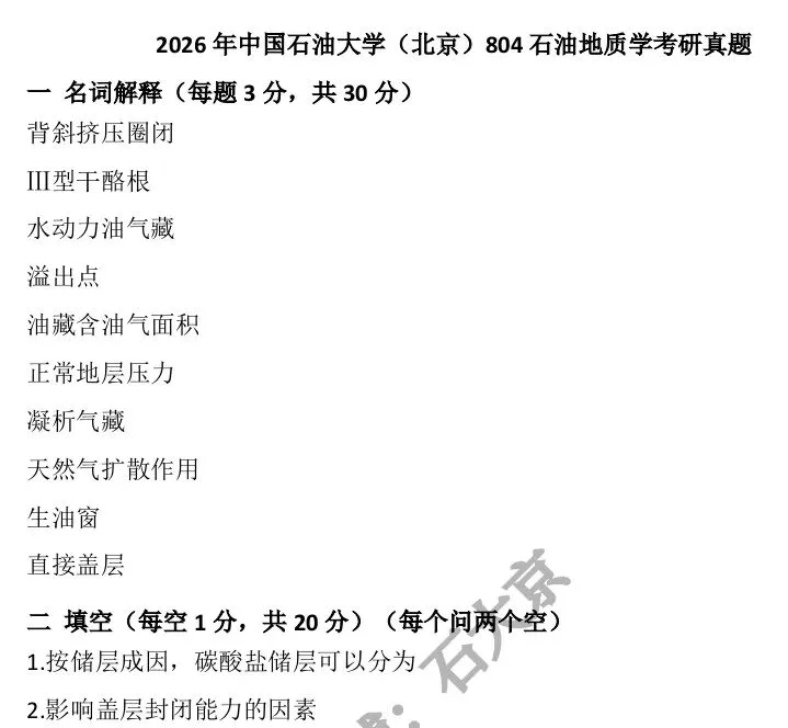2026中国石油大学北京考研804石油地质学考研真题分析-第1张图片-四季读书网