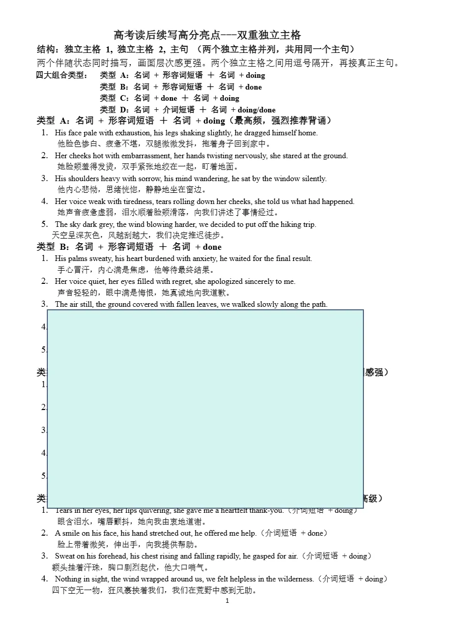 高考读后续写高分亮点---双重独立主格(学案)-第2张图片-四季读书网 高考读后续写高分亮点---双重独立主格(学案)-第2张图片-四季读书网