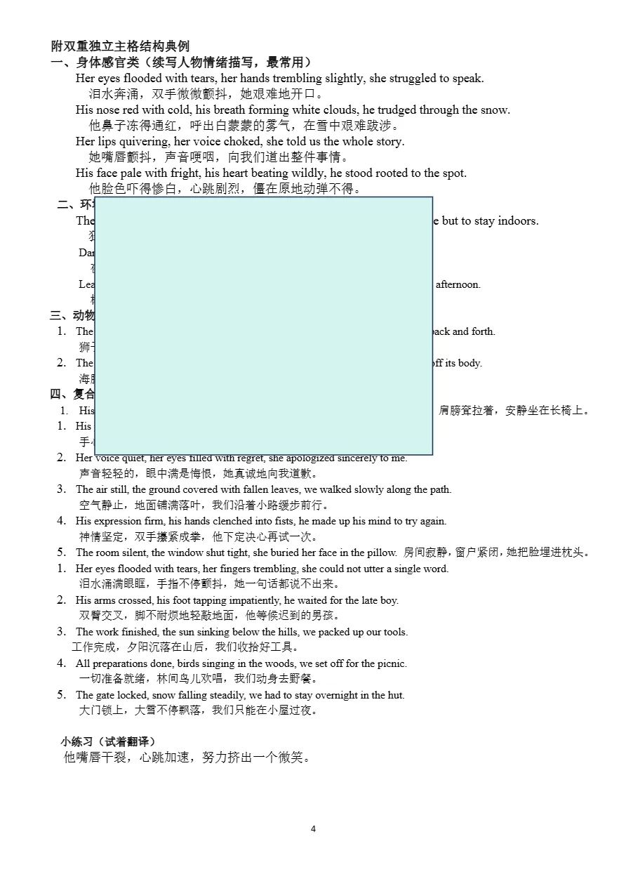 高考读后续写高分亮点---双重独立主格(学案)-第5张图片-四季读书网 高考读后续写高分亮点---双重独立主格(学案)-第5张图片-四季读书网