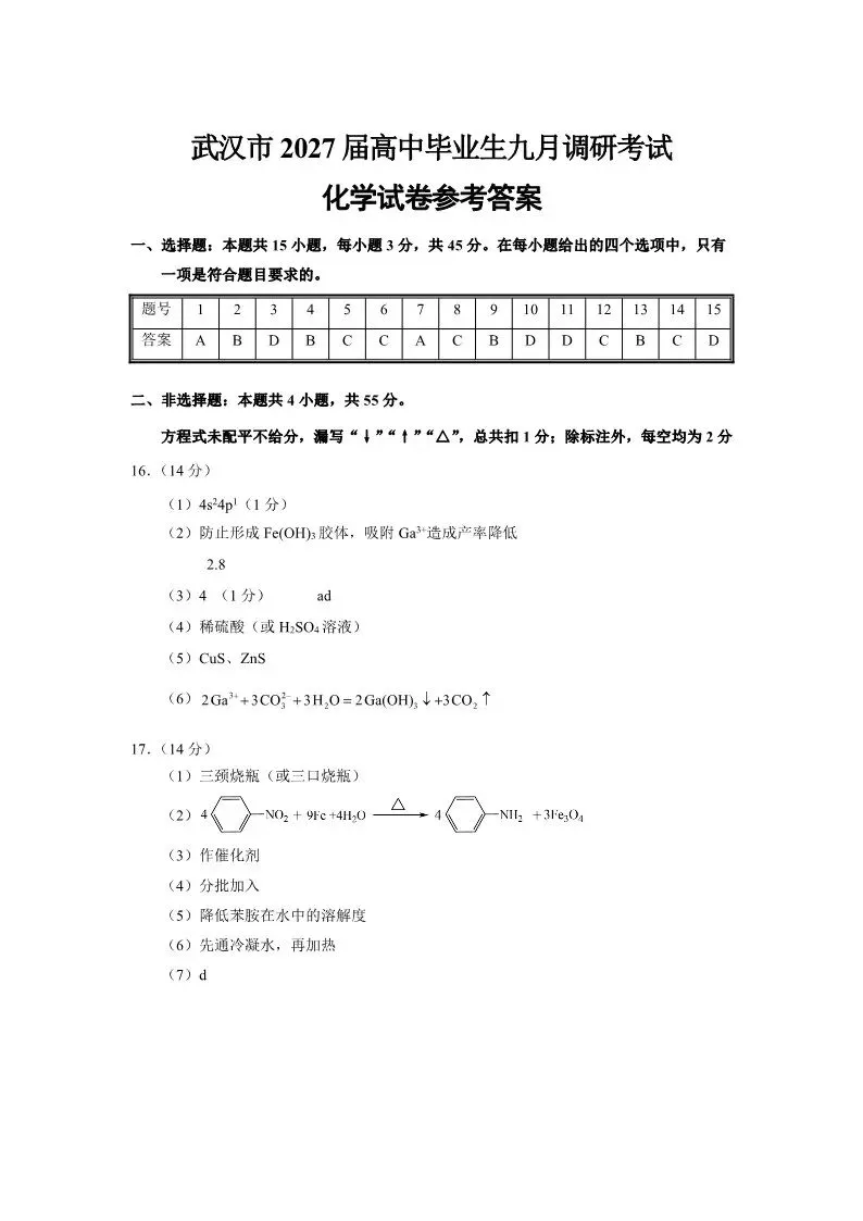 武汉市2027届高三九调化学试卷(含答案)-第9张图片-四季读书网 武汉市2027届高三九调化学试卷(含答案)-第9张图片-四季读书网