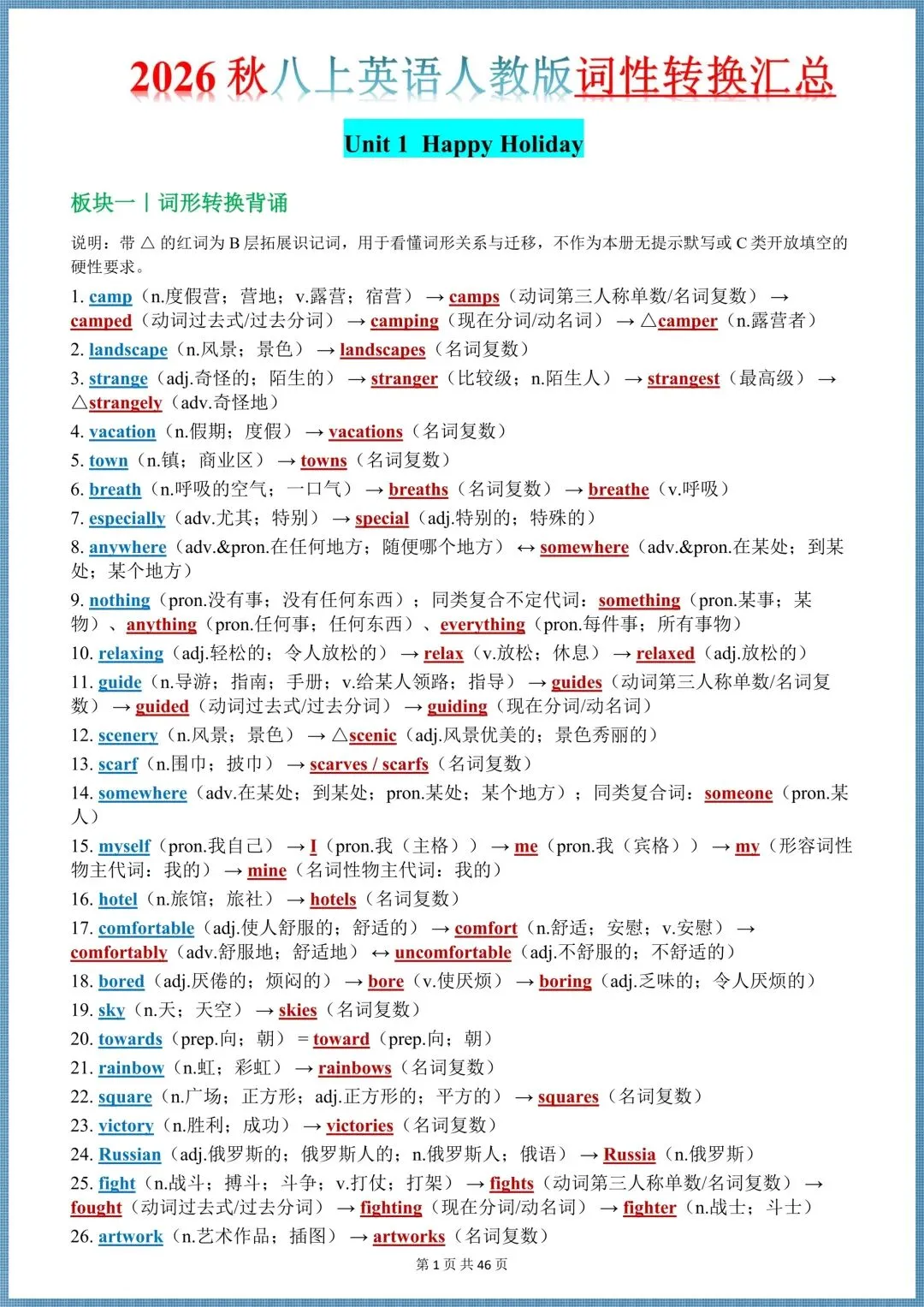 初二英语|2026新教材八年级上册(英语)全册词性转换汇总(背诵+默写),电子版可打印!-第13张图片-四季读书网