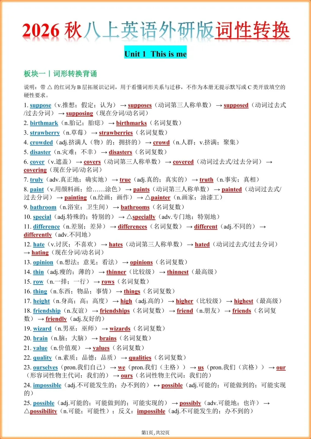 初二英语|2026新教材八年级上册英语(外研版)全册单词背默表+单词音频+词性转换(背诵版+默写版),电子版可打印!-第14张图片-四季读书网 初二英语|2026新教材八年级上册英语(外研版)全册单词背默表+单词音频+词性转换(背诵版+默写版),电子版可打印!-第14张图片-四季读书网