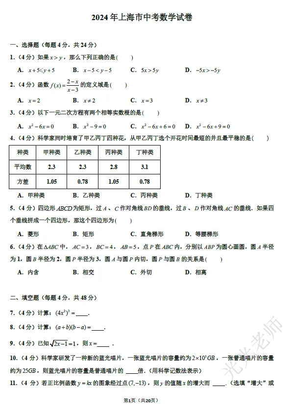 【阳光课堂】近十年上海中考数学卷汇总-第6张图片-四季读书网 【阳光课堂】近十年上海中考数学卷汇总-第6张图片-四季读书网