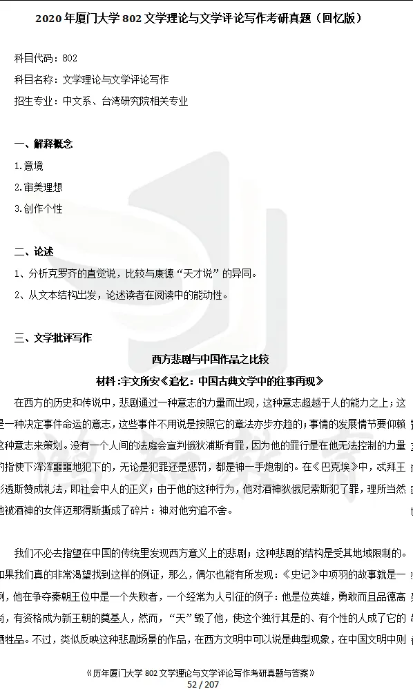 2027厦门大学文学考研初试必备:2000-2026年厦大701语言文学基础/802文学理论与文学评论写作和答案+27考研专业课资料汇总-第10张图片-四季读书网