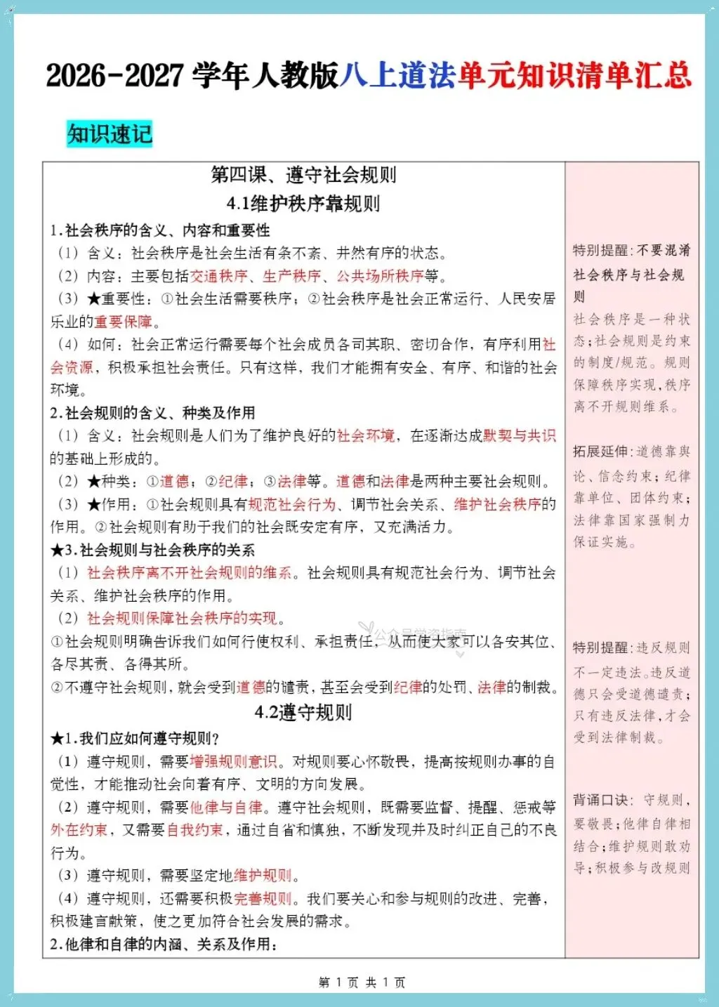 初二道法|2026年学年八上道法知识清单汇总背诵+默写(含知识框架图)-第11张图片-四季读书网
