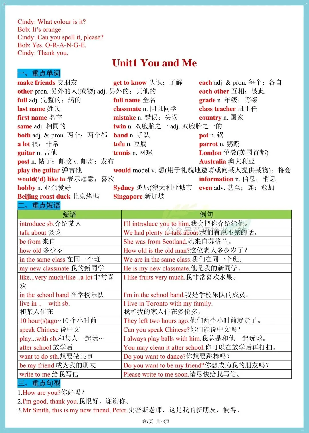 初一英语|人教版七上英语1-8单元知识点+语法汇总清单,可打印!-第6张图片-四季读书网 初一英语|人教版七上英语1-8单元知识点+语法汇总清单,可打印!-第6张图片-四季读书网