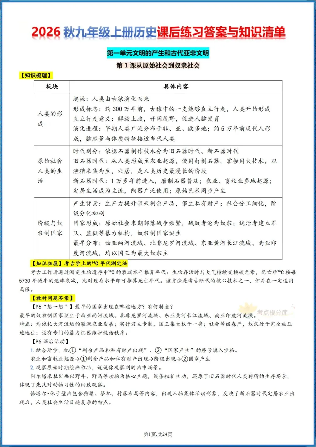 26秋初三 九年级上册历史 《知识梳理清单》+《教材课后习题 参考答案》 共24页 可打印-第1张图片-四季读书网