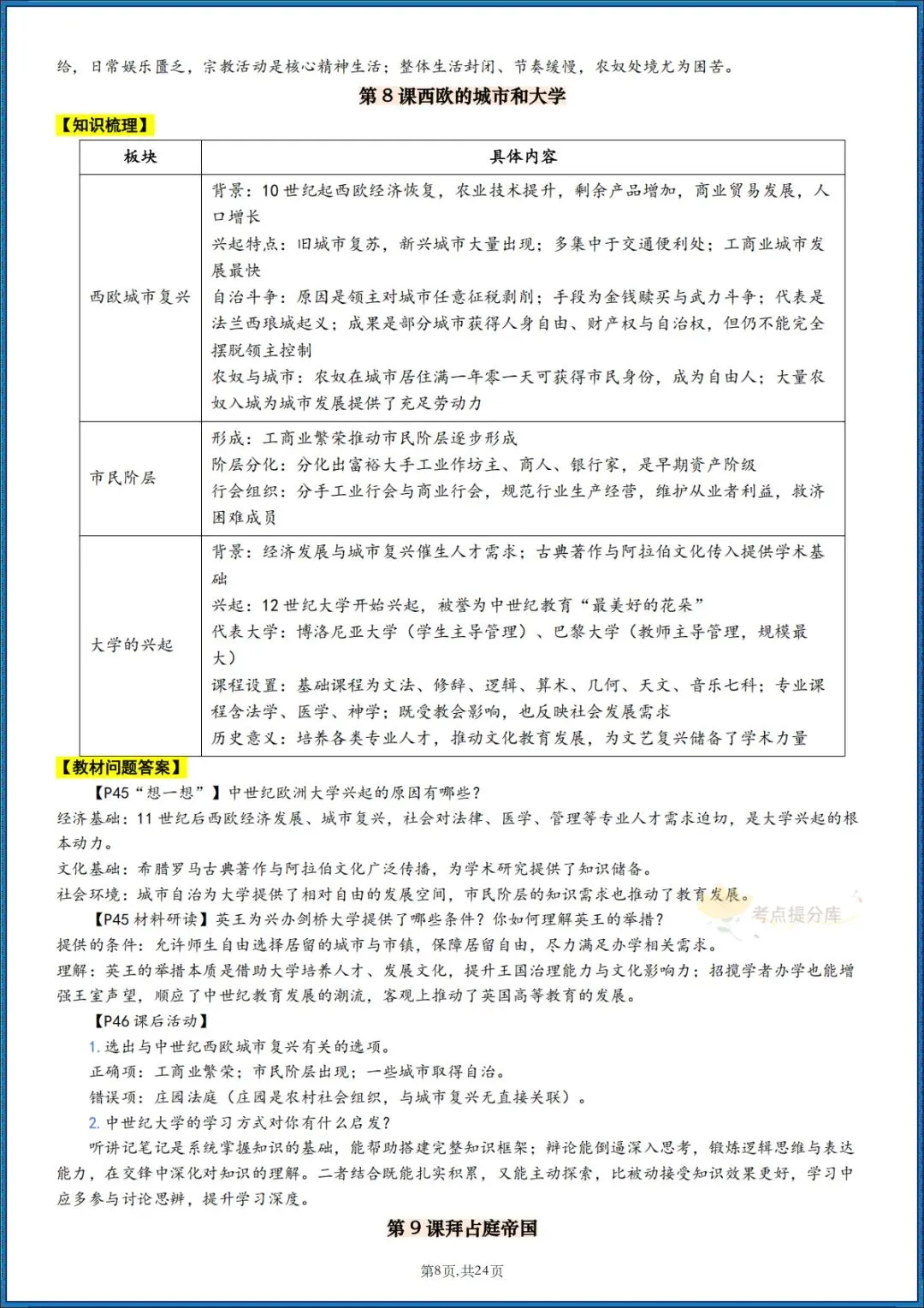 26秋初三 九年级上册历史 《知识梳理清单》+《教材课后习题 参考答案》 共24页 可打印-第8张图片-四季读书网