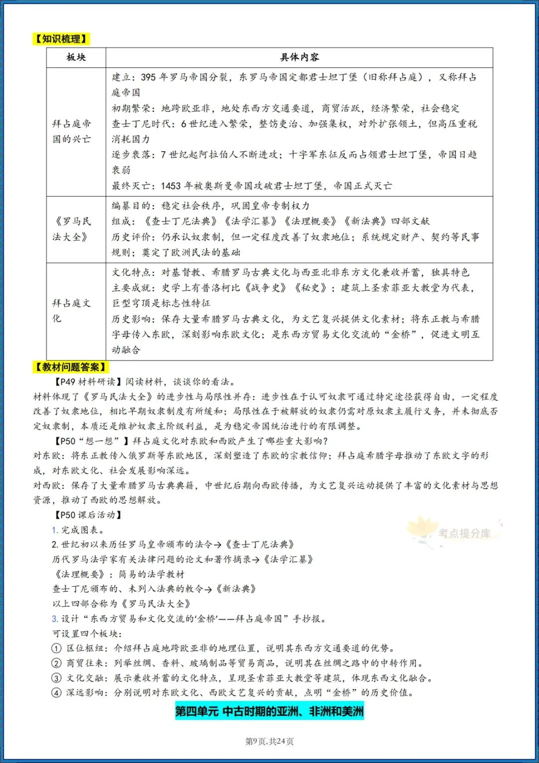 26秋初三 九年级上册历史 《知识梳理清单》+《教材课后习题 参考答案》 共24页 可打印-第9张图片-四季读书网