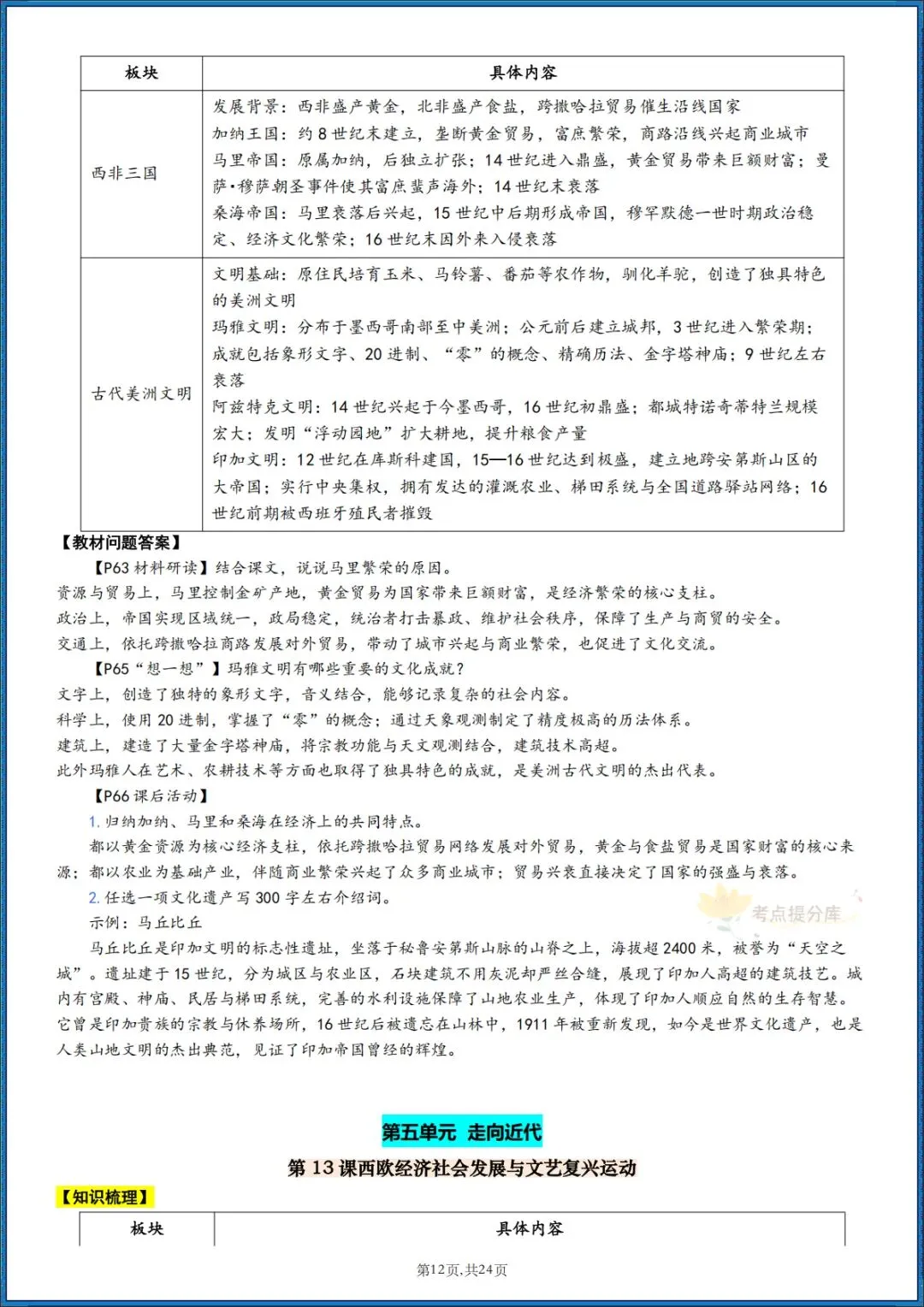 26秋初三 九年级上册历史 《知识梳理清单》+《教材课后习题 参考答案》 共24页 可打印-第12张图片-四季读书网