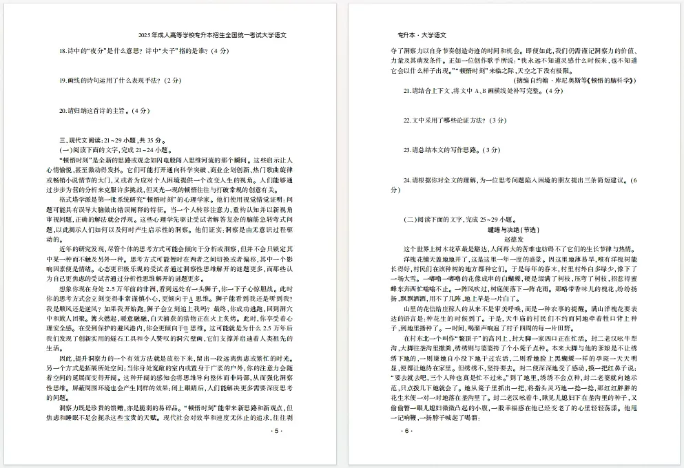 山东成人高考专升本大学语文2025年真题-第4张图片-四季读书网 山东成人高考专升本大学语文2025年真题-第4张图片-四季读书网