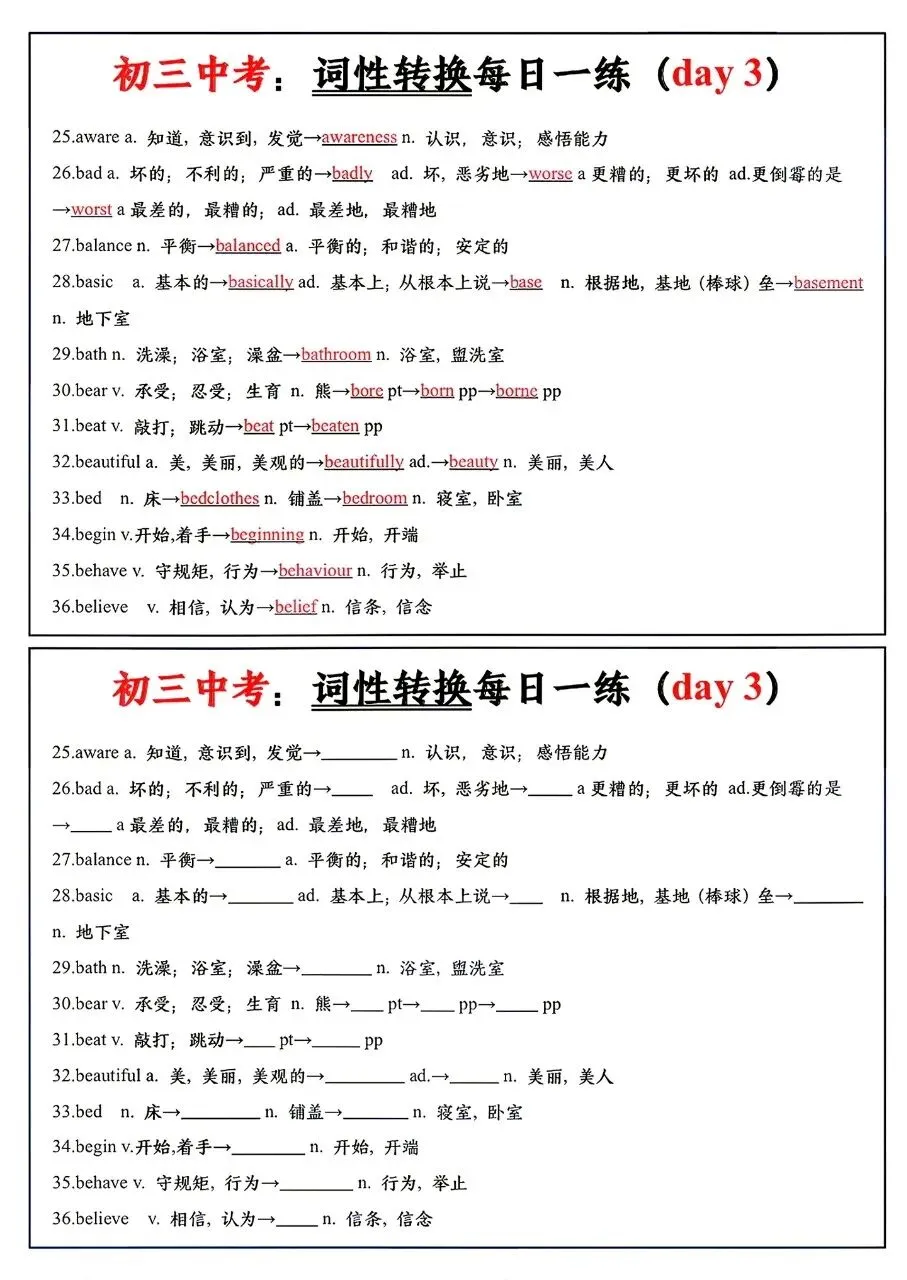 初三中考:词性转换每日一练-第2张图片-四季读书网