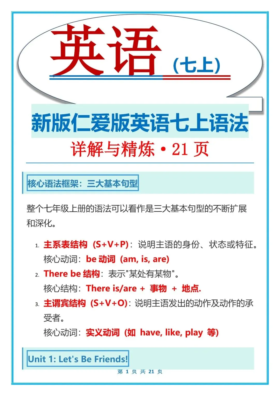 初一英语丨仁爱版英语七上语法详解与练习(含答案)-第1张图片-四季读书网 初一英语丨仁爱版英语七上语法详解与练习(含答案)-第1张图片-四季读书网