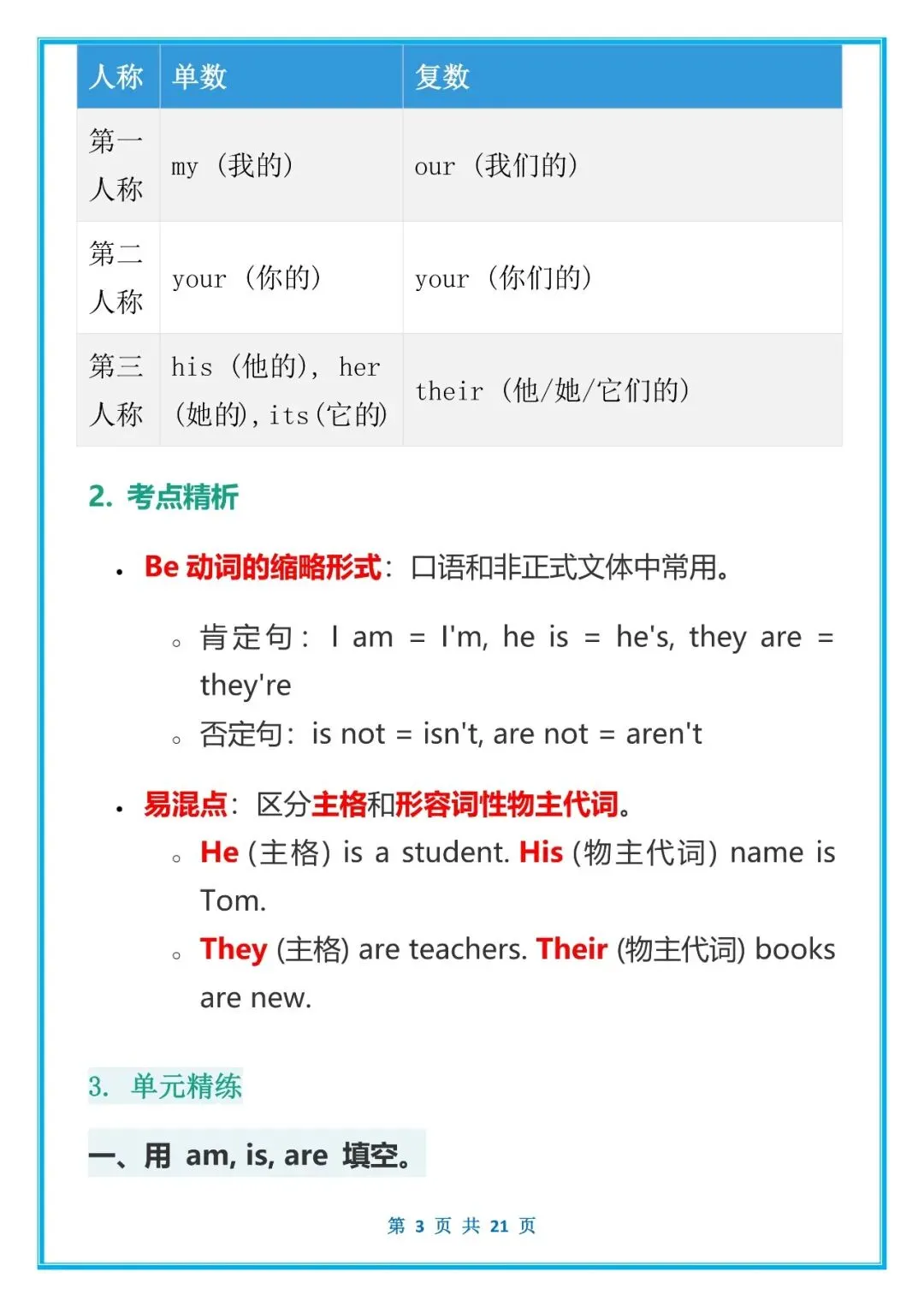 初一英语丨仁爱版英语七上语法详解与练习(含答案)-第3张图片-四季读书网 初一英语丨仁爱版英语七上语法详解与练习(含答案)-第3张图片-四季读书网