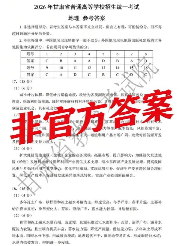 2026年甘肃高考地理选择题官方答案来了,这道题全网都在传错答案!-第1张图片-四季读书网 2026年甘肃高考地理选择题官方答案来了,这道题全网都在传错答案!-第1张图片-四季读书网