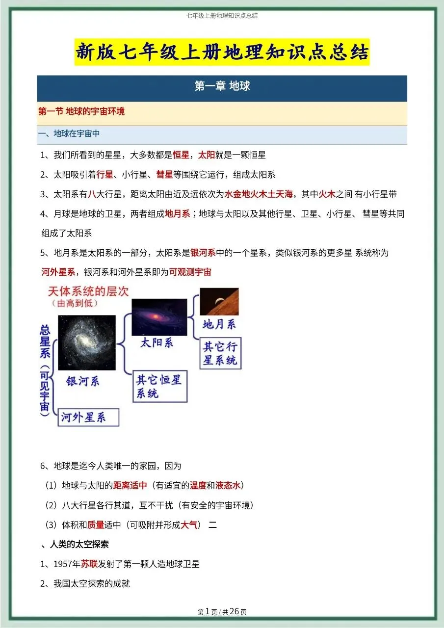 初一新版 2026 七上地理全册常考知识点必背总结,可打印版!-第1张图片-四季读书网