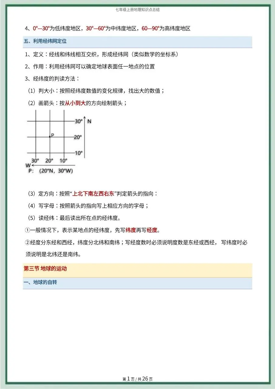 初一新版 2026 七上地理全册常考知识点必背总结,可打印版!-第4张图片-四季读书网